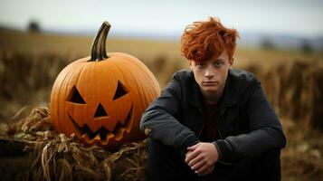 rouge aux cheveux adolescent garçon séance à l'extérieur suivant à une grand Halloween sculpté citrouille sur une tomber journée - génératif ai. photo