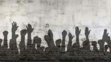 ombre de le mains, bras et les poings de manifestants contre une grungy Vide brique mur prêt pour votre texte. photo