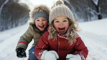 Parents et les enfants luge vers le bas neigeux colline ensemble photo