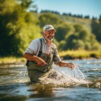 plus âgée homme contagieux une poisson tandis que mouche pêche dans une rivière photo