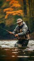 plus âgée homme contagieux une poisson tandis que mouche pêche dans une rivière photo