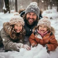 souriant famille en jouant ensemble dans neigeux arrière-cour photo