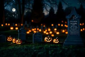 Halloween citrouilles et pierres tombales dans une cimetière. généré par ai photo