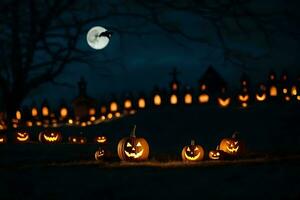 Halloween citrouilles dans le foncé avec une plein lune. généré par ai photo