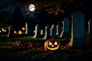 Halloween citrouille dans une cimetière avec pierres tombales. généré par ai photo