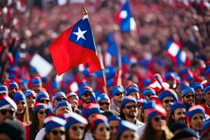 une foule de gens portant rouge, blanc et bleu Chapeaux. généré par ai photo