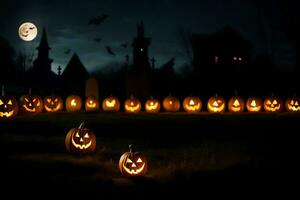 Halloween citrouilles dans le foncé avec une plein lune dans le Contexte. généré par ai photo