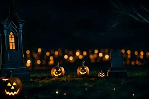 Halloween citrouilles dans une cimetière avec une cimetière. généré par ai photo