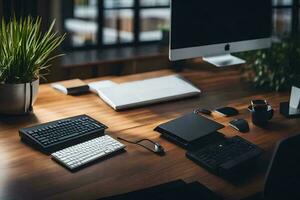 une bureau avec une clavier, Souris et ordinateur. généré par ai photo