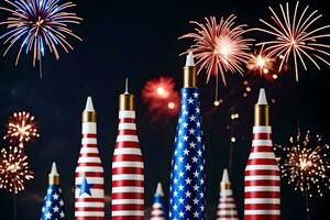 une groupe de patriotique fusées avec feux d'artifice dans le Contexte. généré par ai photo