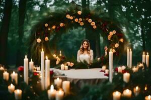 une femme dans une blanc robe entouré par bougies et couronnes de fleurs. généré par ai photo