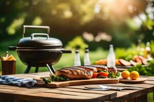 grillé steak sur une en bois table avec une gril. généré par ai photo