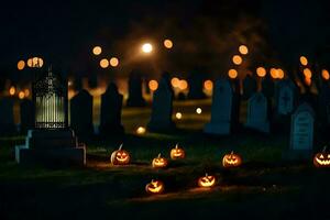 Halloween citrouilles dans une cimetière à nuit. généré par ai photo