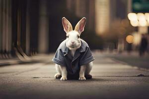 une lapin portant une chemise sur le rue. généré par ai photo