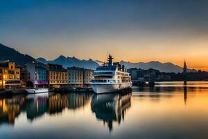 une croisière navire amarré dans le l'eau à le coucher du soleil. généré par ai photo