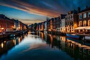 le magnifique canal dans le ville de Bruges à le coucher du soleil. généré par ai photo