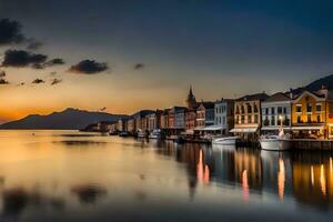 le coucher du soleil plus de le port dans Kotor, Monténégro. généré par ai photo