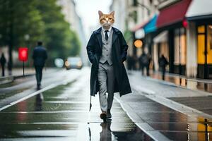 une chat portant une costume et attacher en marchant vers le bas une rue. généré par ai photo