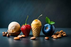 Trois différent les types de la glace crème et baies. généré par ai photo