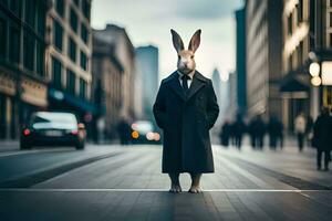 une lapin portant une costume et attacher permanent dans le milieu de une ville rue. généré par ai photo