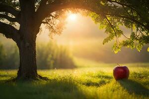 un Pomme est assis en dessous de une arbre dans le milieu de une champ. généré par ai photo