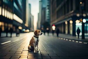 une chien séance sur le rue dans une ville. généré par ai photo