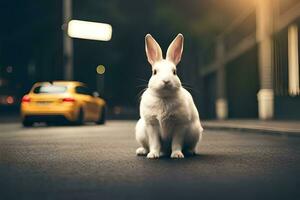 blanc lapin sur le rue à nuit. généré par ai photo