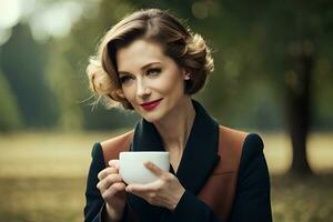 une femme en portant une tasse de café. généré par ai photo