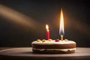 anniversaire gâteau avec deux bougies sur Haut. généré par ai photo