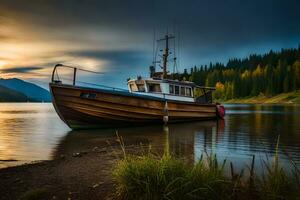 une bateau est assis sur le rive de une Lac à le coucher du soleil. généré par ai photo