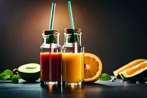 deux bouteilles de jus avec fruit et des légumes. généré par ai photo