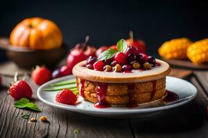 une gâteau avec baies et crème sur une plaque. généré par ai photo