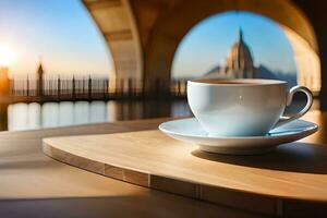 une tasse de café sur une table dans de face de une ville. généré par ai photo