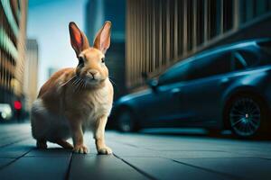 une lapin est permanent sur le rue dans de face de une auto. généré par ai photo