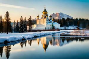 le russe orthodoxe cathédrale dans le neige. généré par ai photo