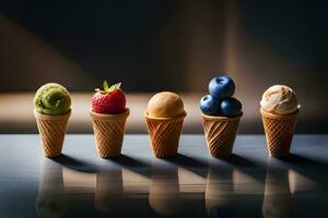 cinq la glace crème cônes avec différent les saveurs. généré par ai photo