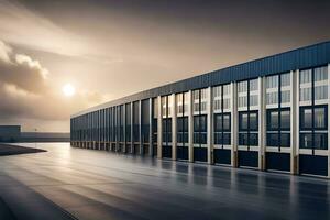 une grand industriel bâtiment avec une Soleil réglage derrière il. généré par ai photo