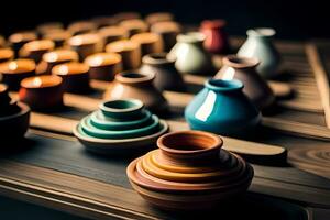 une table avec beaucoup coloré des vases et boules. généré par ai photo