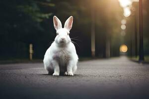 blanc lapin séance sur le route dans le milieu de le journée. généré par ai photo