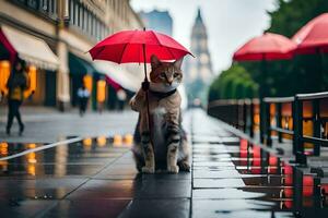 une chat avec un parapluie permanent sur une humide rue. généré par ai photo