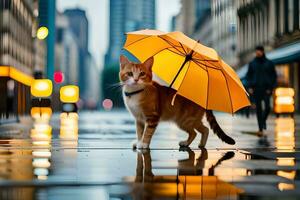 une chat permanent sur une humide rue avec un parapluie. généré par ai photo