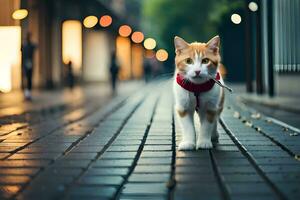 une chat en marchant vers le bas une rue à nuit. généré par ai photo