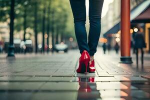 une femme dans rouge haute talons en marchant vers le bas une rue. généré par ai photo