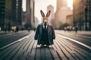 une lapin habillé dans une costume et attacher permanent sur une rue. généré par ai photo