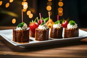 une assiette avec quatre mini beignets sur il. généré par ai photo