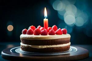 anniversaire gâteau avec un allumé bougie sur Haut. généré par ai photo