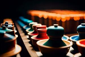 coloré des pots et des casseroles sur une étagère. généré par ai photo