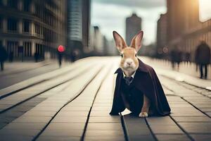 une lapin habillé dans une costume et attacher séance sur une rue. généré par ai photo