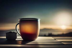 une tasse de thé est assis sur une table avec le Soleil réglage dans le Contexte. généré par ai photo