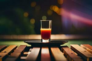 une verre de Orange jus séance sur Haut de une en bois tableau. généré par ai photo